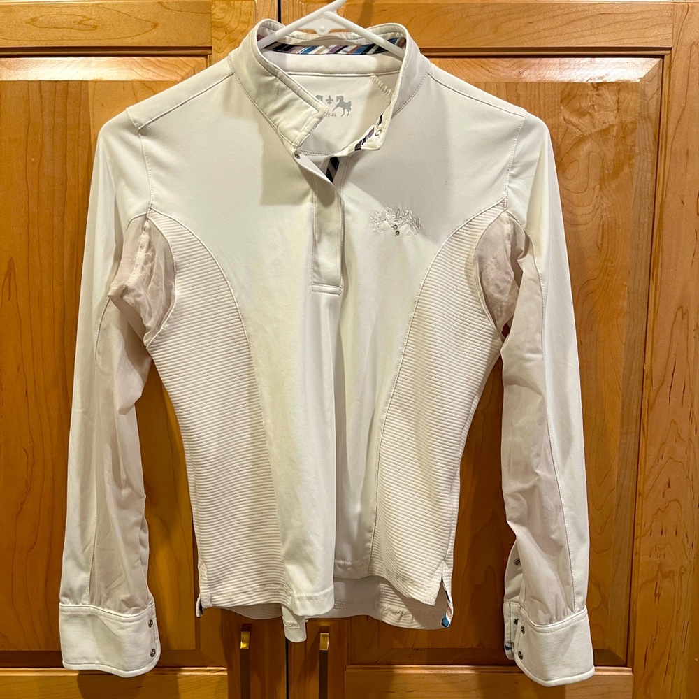 RJ Classics White Equestrian Show Shirt, Long Sleeve Horse Show Shirt, Girls XL